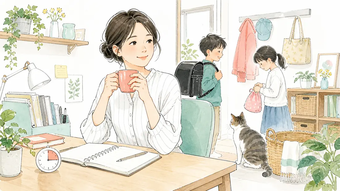 2学期スタートの「切り替え術1|通勤代わりの「5分ルーティン」で仕事モードに入る」をイメージした親子の水彩イラスト