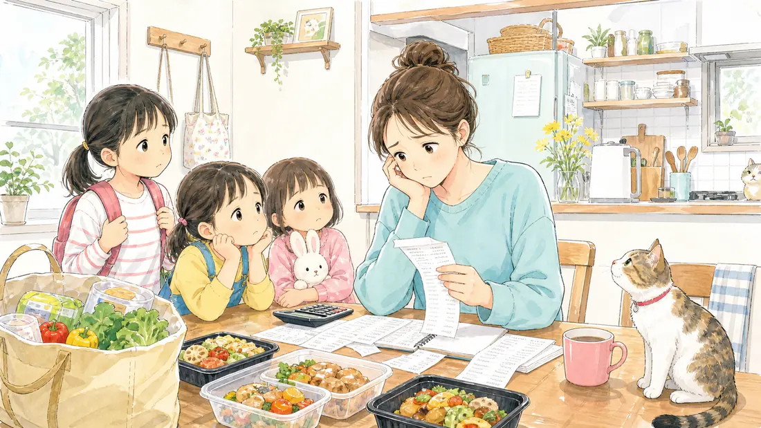 食費14万円からの立て直し|コープの中食で外食を減らすの「普通の月でも11万円位。この8月は14万まで膨らみました」をイメージした親子の水彩イラスト