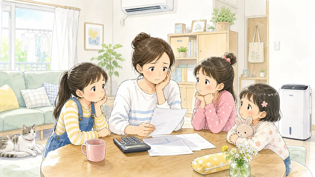 電気代1000kWhはいくらの「1000kWhは使いすぎ?我が家が毎年超える3つの理由」をイメージした親子の水彩イラスト