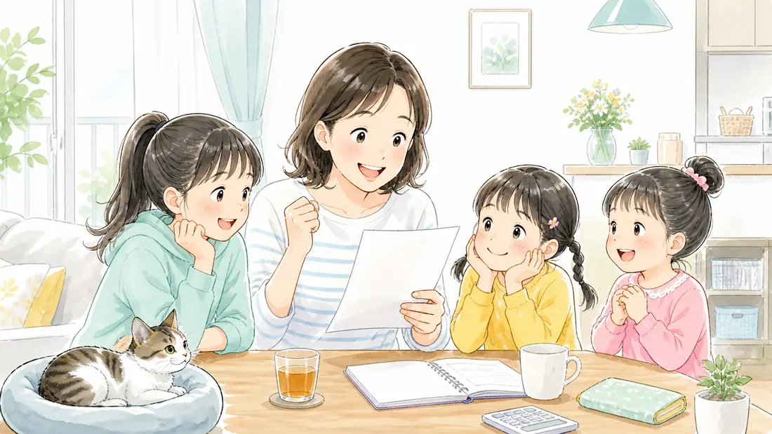 電気代1000kWhはいくらの「去年より2,000円下がった理由は、料金プランを変えたからでした」をイメージした親子の水彩イラスト