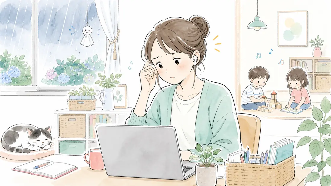 梅雨で集中できない在宅ワーク環境の整え方5選|我が家の実例の「梅雨の音問題、イヤホン1本で解決」をイメージした親子の水彩イラスト
