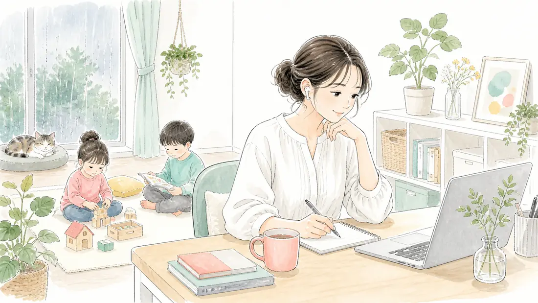 梅雨で集中できない在宅ワーク環境の整え方5選|我が家の実例の「「仕事スイッチ」を入れるルーティンを作る」をイメージした親子の水彩イラスト