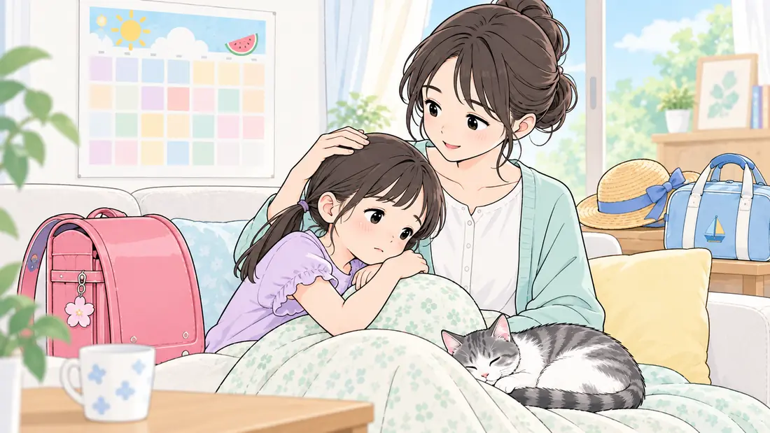 登校しぶり体験談|長期休み前に行けなくなる小2娘と我が家の「1年生から続いている「長期休み前」のパターン」をイメージした親子の水彩イラスト