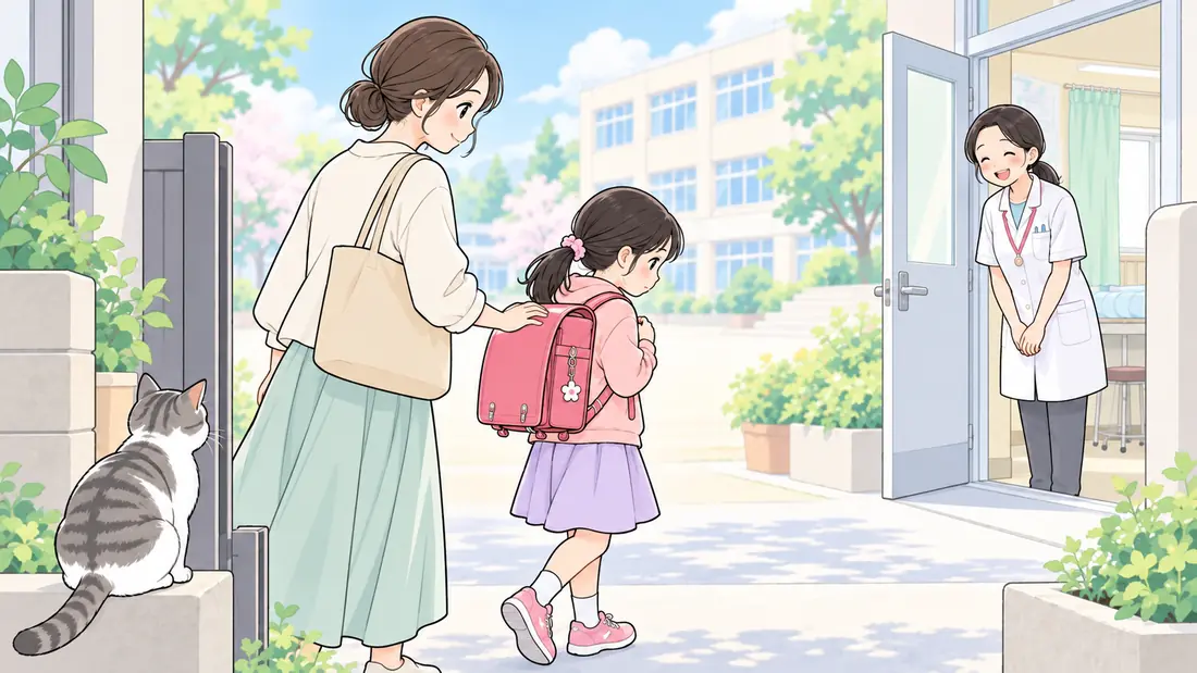 登校しぶり体験談|長期休み前に行けなくなる小2娘と我が家の「付き添い登校と保健室登校|我が家が実際にやった方法は?」をイメージした親子の水彩イラスト